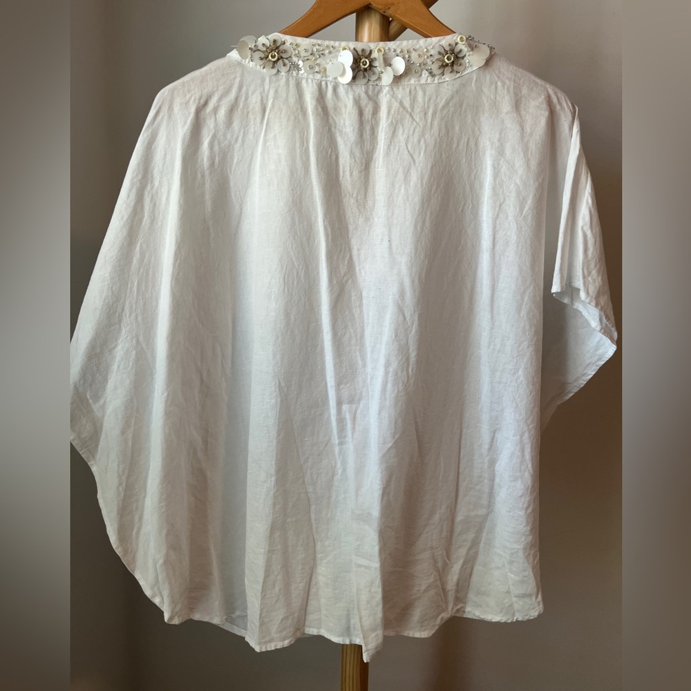 Chicos Boho Beaded Tie Front Blouse Linen Blend Beachy Top Soze Medium - Picture 3 of 8